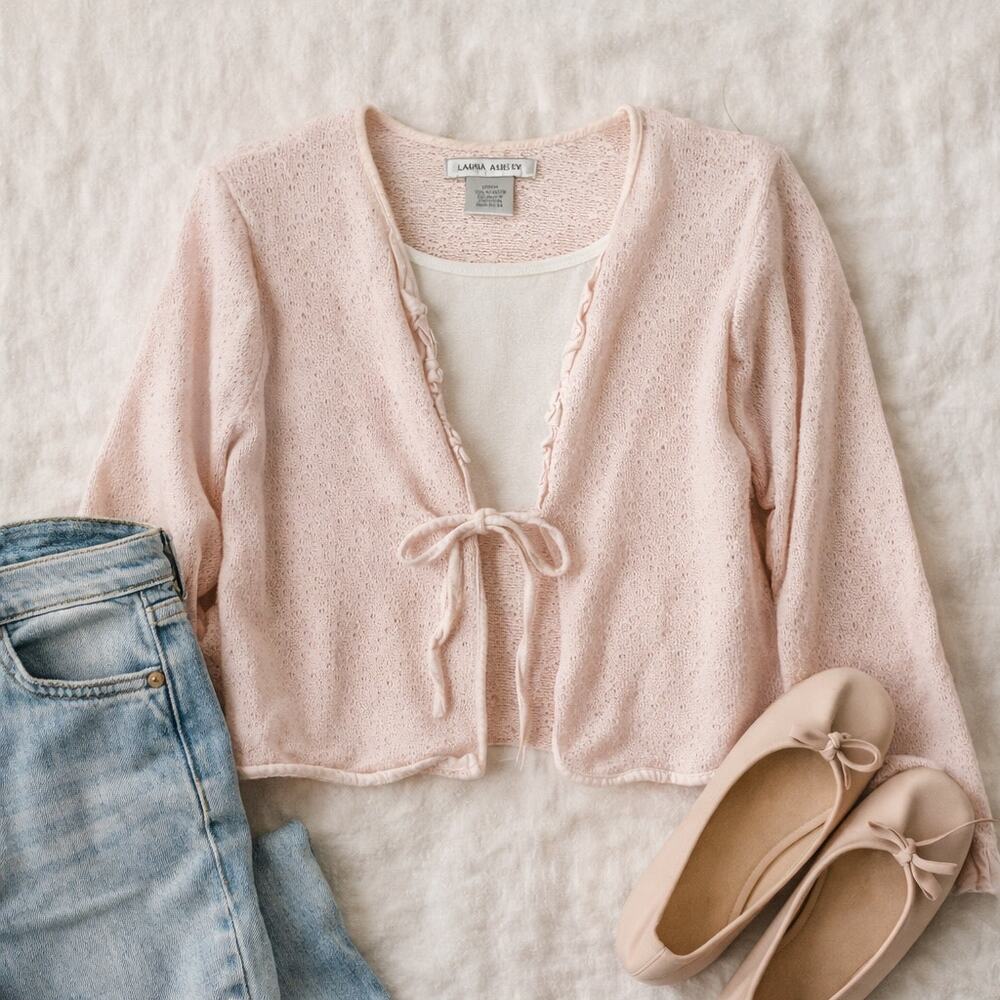 Laura Ashley Pink Tie Front Cardigan Y2K Lightweight Knit Ruffle Trim-Medium